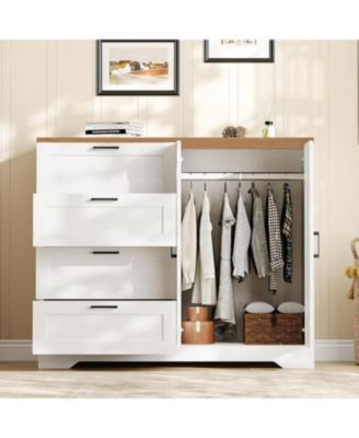 43.3'' H Armoire Wardrobe Closet with 4 Drawers and 2 Doors, Hanging Rod, Multifunctional Wooden Dresser with Storage Closet