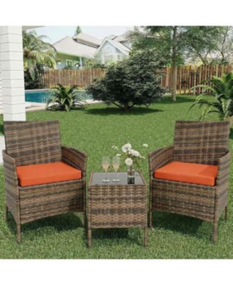 3-Piece Rattan Conversation Set with Tempered Glass Table