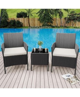 3-Piece All-Weather Patio Conversation Set, PE Rattan Armchairs and Glass Table