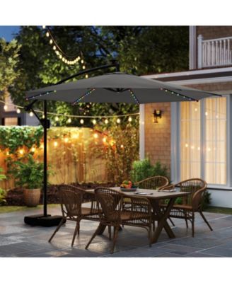 10 ft Solar Offset Umbrella with 96 LED Lights 9 Modes Weighted Base and 360 Rotation