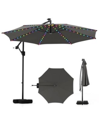 10 ft Solar Offset Umbrella with 96 LED Lights 9 Modes Weighted Base and 360 Rotation