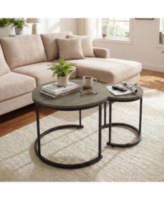Oak Round Nesting Coffee Tables Set of 2 Stackable