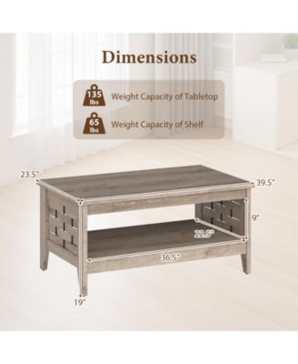 Farmhouse 2-Tier Coffee Table with Open Shelf and Woven Decor for Living Room