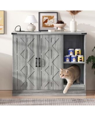 Modern Cat Litter Box Cabinet with Power Outlet, Hidden Enclosure for Large Automatic Boxes, Catcher, Storage