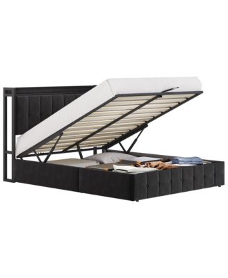 Lift Up Bed Frame, Upholstered Bed with Button Tufted Wingback Storage Headboard, Hydraulic Storage, No Box Spring Needed, Wood Slats Support