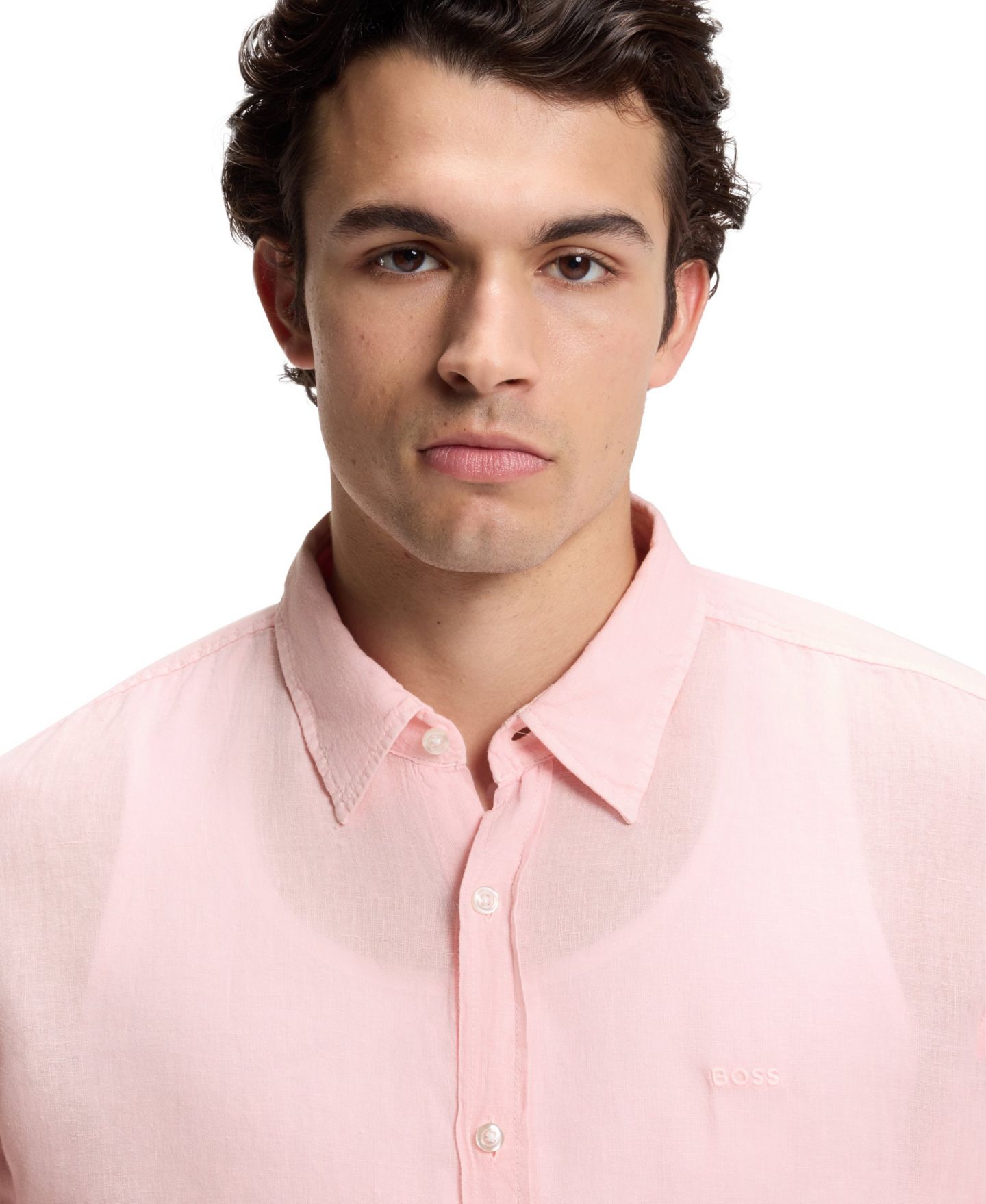 Мужская рубашка Hugo Boss Linen Regular-Fit Dress Shirt, цвет: Розовый — фото 2