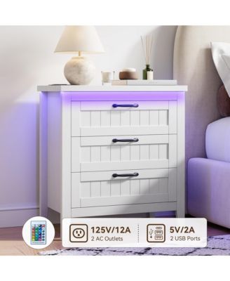 Farmhouse Drawer Dresser with Charging Station and LED Lights, Slim Wooden Bedroom Dresser