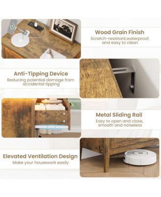 Farmhouse Drawer Dresser with Charging Station and LED Lights, Slim Wooden Bedroom Dresser