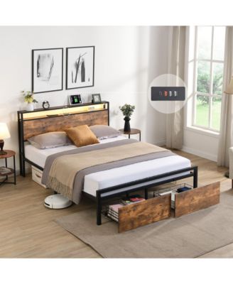 Full Size Bed Frame with Storage Headboard, LED Lights and Charging Station, Platform Bed with 2 Drawers