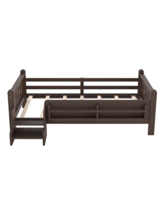 Twin Size Floor Bed with Stairs and Bookcase, Solid Wood Low Profile Bed Frame with Guardrails, Kids Bed for Boys Girls, 350 LBS Capacity
