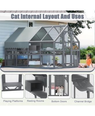Large Outdoor Cat Enclosure Wooden Shelter 7 Platforms 2 Resting Boxes Bridges Waterproof UV Proof Canopy