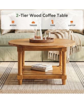 Round Coffee Table, 31.5" Farmhouse Solid Wood Center Table with Storage, 2-Tier Circle Accent Table