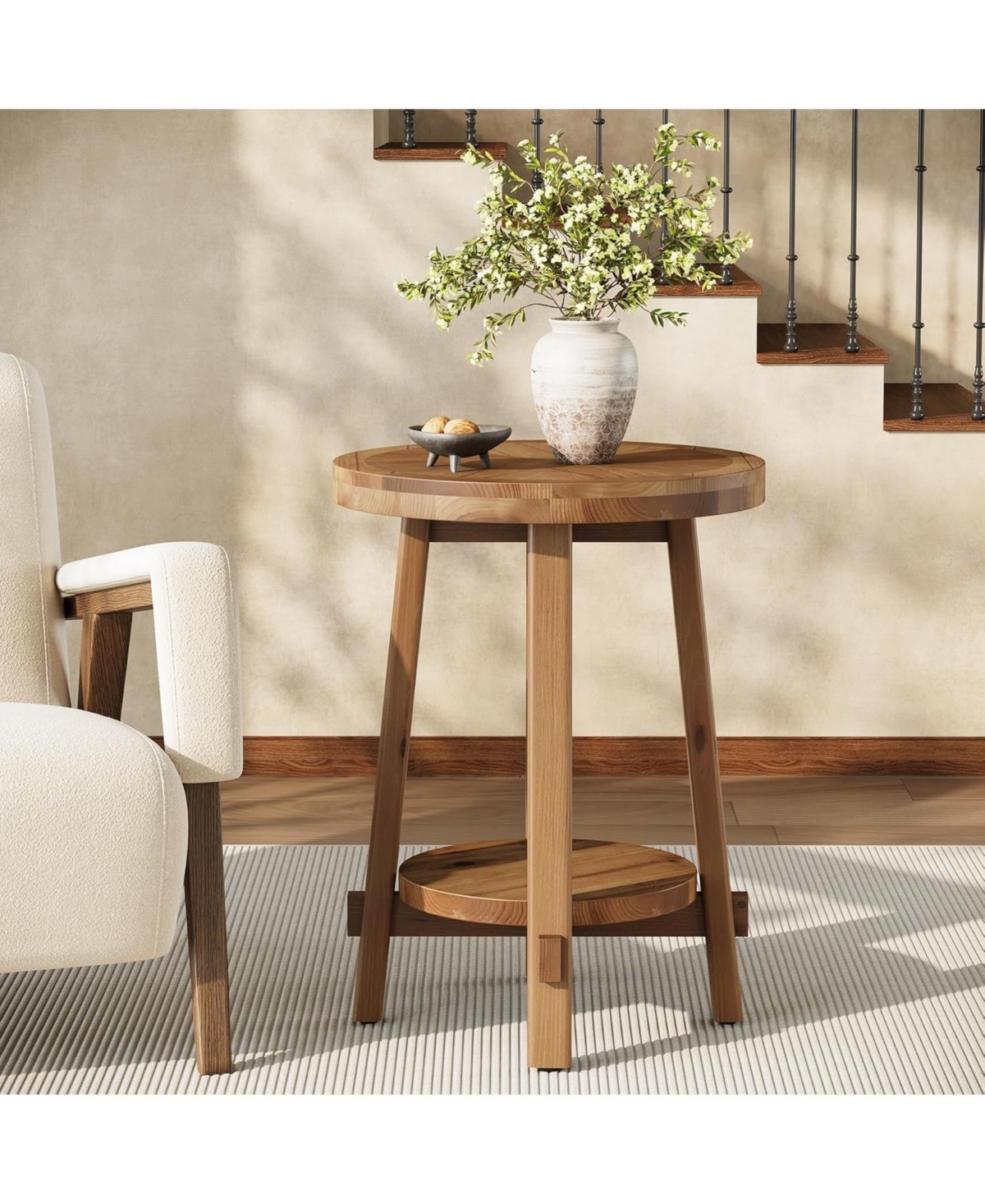 Tribesigns Solid Wood Side Table for Living Room, Small Round End Table with 2-Tier Storage, Farmhouse Wooden Circle Bedside Nightstand