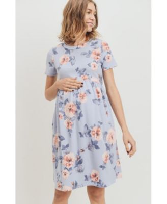 Maternity Floral Print Empire Waist Short Sleeve Knit Dress with Pockets