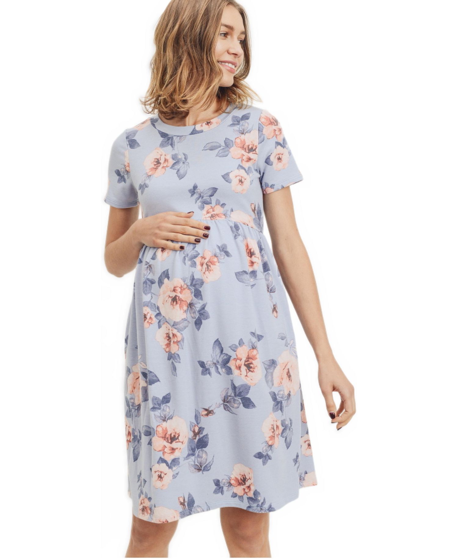 Women's Floral Print Empire Waist Short Sleeve Knit Dress with Pockets