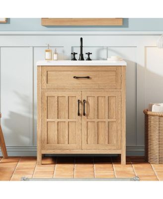 30" Grain Bathroom Vanity With Resin Sink, Adjustable Shelf Door Organizers, Soft-Close Hinges