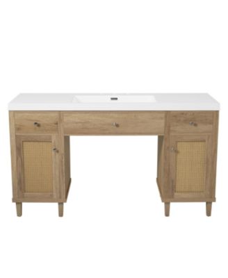 60 Inch Bathroom Vanity with Sink Modern Spacious Storage Cabinet Soft Close Drawers Tip Out Tray Solid Wood Legs Silver Knobs Wood Color