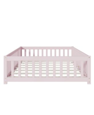 Full Size Rubber Wood Floor Bed with Fence Door and Safety Guardrails