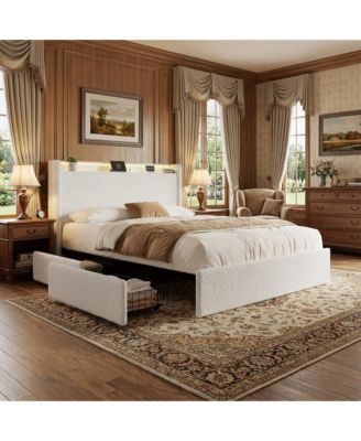 Boucle Upholstered Platform Bed with Storage Headboard, Drawers and LED