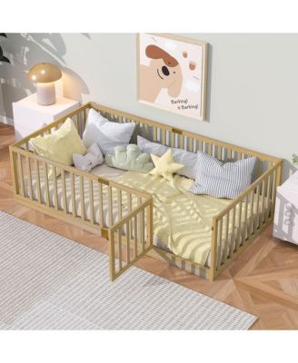 Twin Size Floor Bed with High Fence Railings, with Door