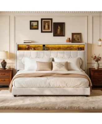 Bed Frame with LED Lights and Charging Station, Velvet Upholstered and Nailhead Trim Wingback