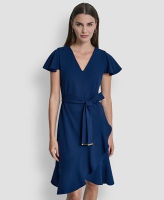 Women's Flutter Short-Sleeve V-Neck Faux-Wrap Dress