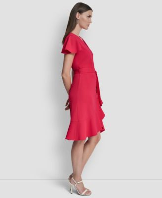 Women's Flutter Short-Sleeve V-Neck Faux-Wrap Dress