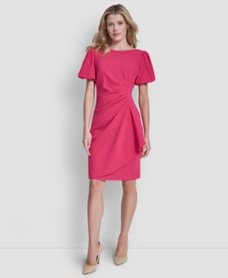 Women's Bubble-Sleeve Scuba Crepe Ruched Sheath Dress