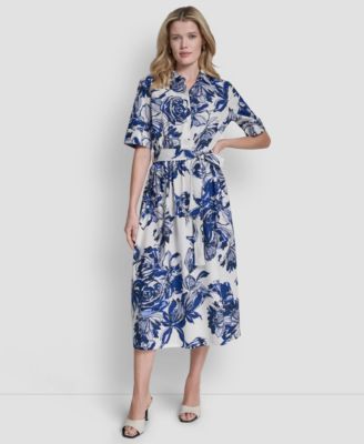 Women's Elbow-Sleeve Button-Front Shirt Dress