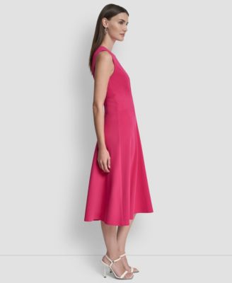 Women's Sleeveless Jewel Neck Fit and Flare Scuba Crepe Midi Dress