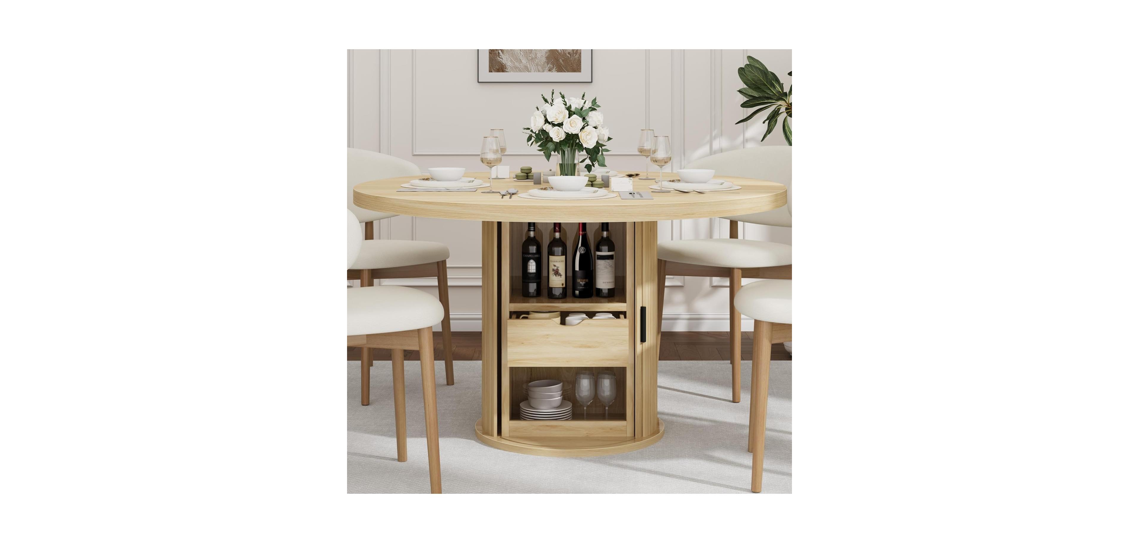 gaomon 47'' Round Dining Table for 4–6 with 2-Layer Storage Shelf & Drawer, Farmhouse Kitchen & Dining Room Table