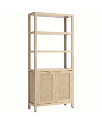 5-Tier Rattan Boho Bookcase with Doors for Home Storage