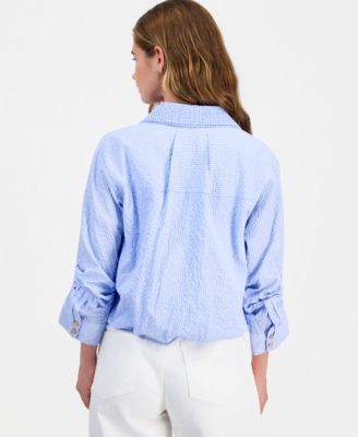 Petite Smocked Collar Bubble-Hem Striped Collared Shirt