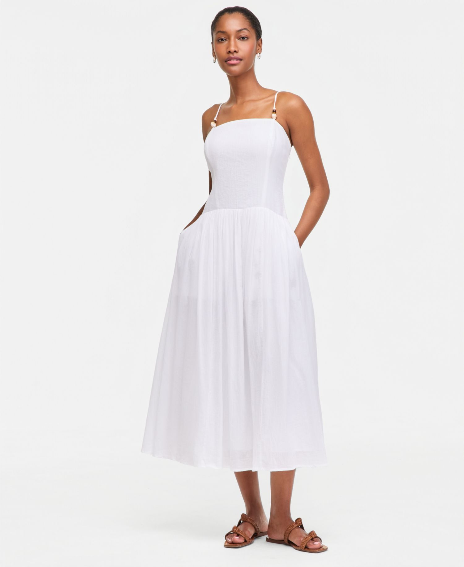 Women's Cotton Gauze Curved-Waist Mixed-Media Midi Dress