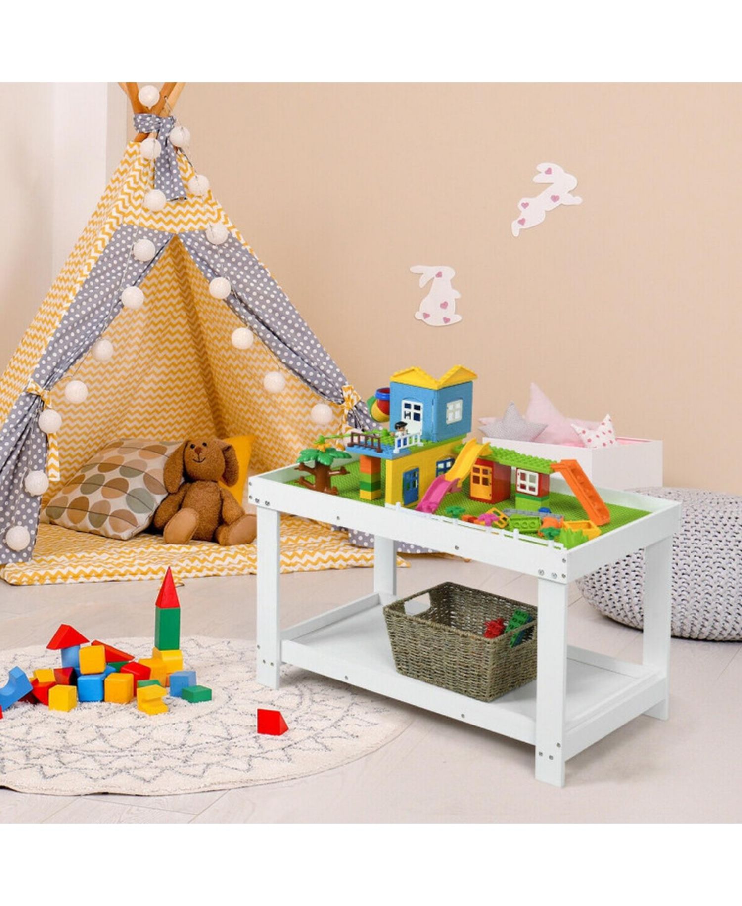 Multifunctional Wood Kids Activity Play Table with Storage Shelf