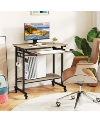 Rolling Computer Table with Pull-out Keyboard Tray and Storage Hooks