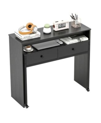 Extendable Convertible Computer Desk with 2 Drawers and Rolling Cart