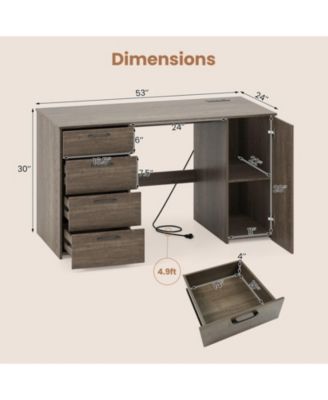 53 in Computer Desk with Power Outlets, 4 Storage Drawers and Adjustable Shelf