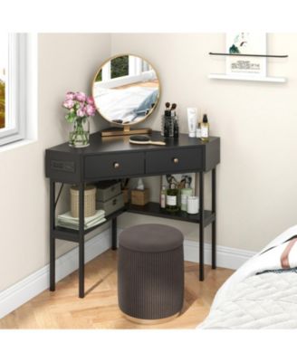 Triangle Corner Desk with Charging Station, 2 Drawers and Storage Shelf