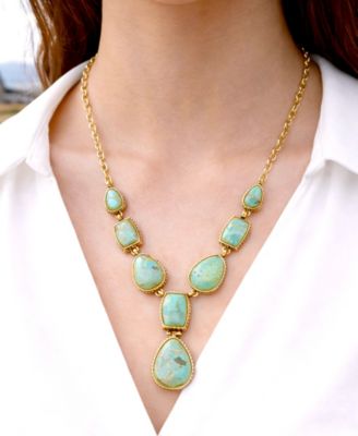 Genuine Blue Turquoise Roped Golden Bronze Y Necklace