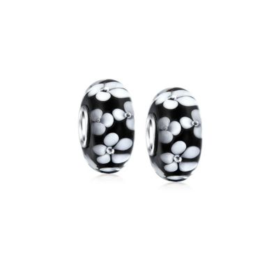 Set of 2 Floral Design Murano Glass Spacer Charm Bead Sterling Silver