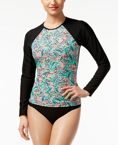 Hula Honey Tropical Pulse Printed Rashguard & Malibu Hipster Bikini Bottoms