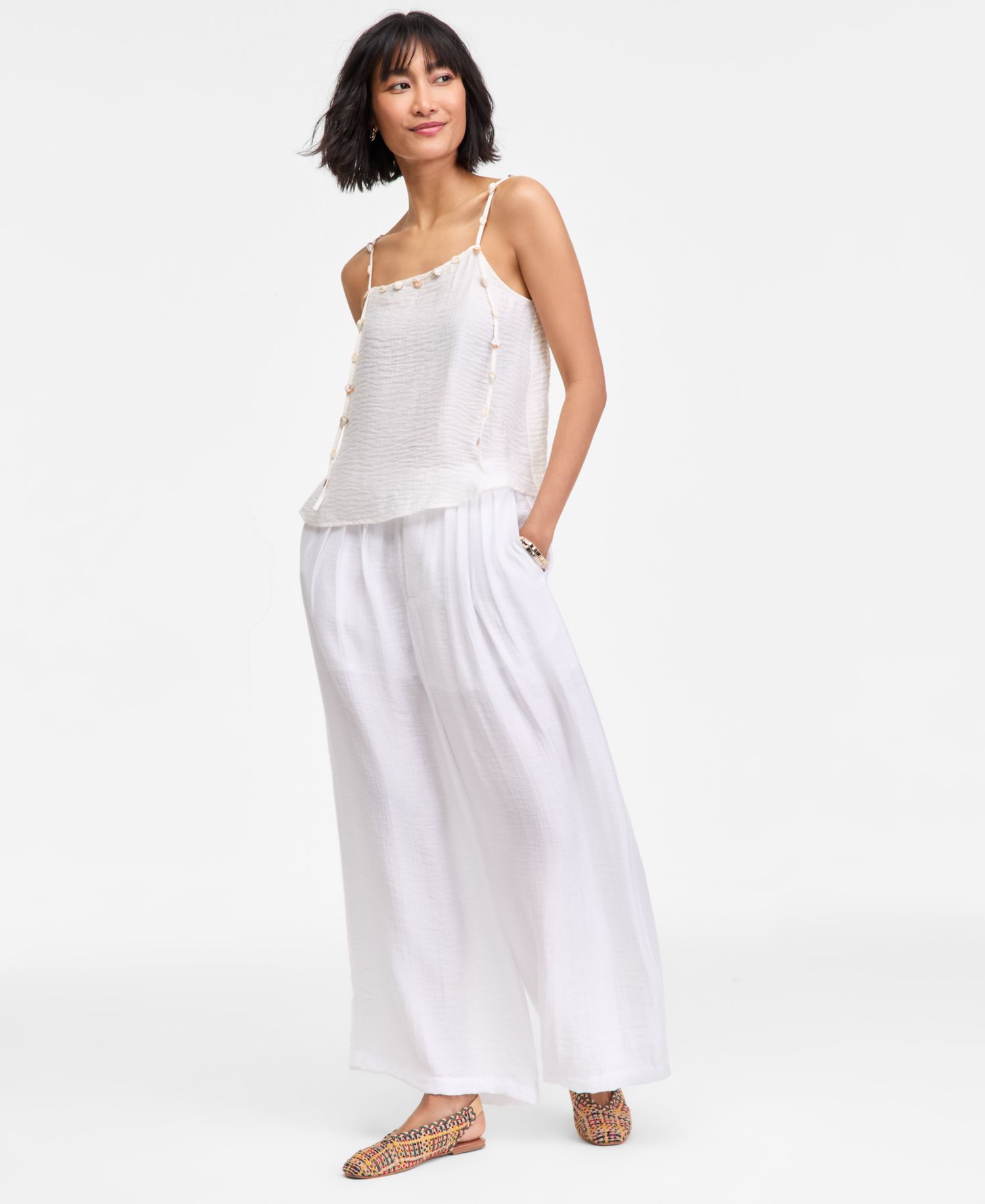 Women's Beaded-Strap Cropped Gauze Tank Top