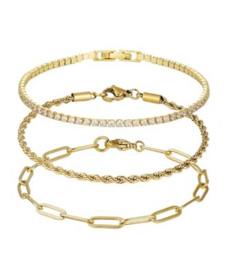 Gold Paperclip, Rope and Tennis Bracelet Set