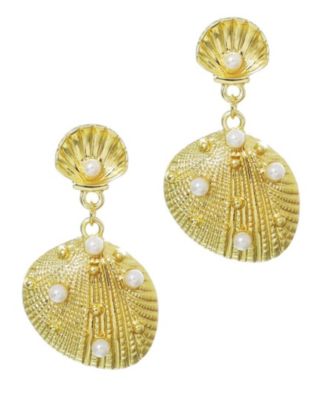 Gold Pearl-Studded Shell Drop Earrings