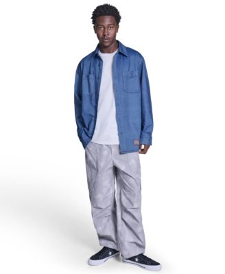 Men's Collared Jersey Denim Shirt and Box Logo Tee paired with the Box Pattern Wide Leg Cargo Pants