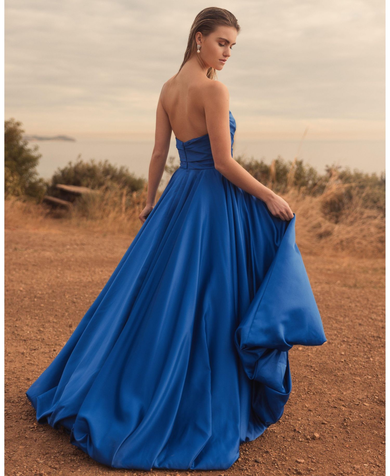 Women's Strapless High-Low Satin Gown with Draped Skirt