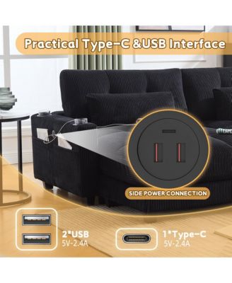 Deep Seat Corduroy Sleeper Chaise Lounge, Sofa Bed with USB Charging, Cup Holders, Side Storage Pockets and Pillow for Living Room