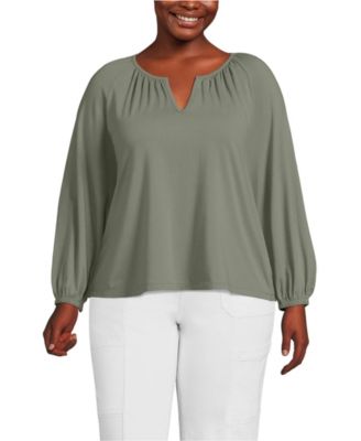 Plus Size Lightweight Jersey 3/4 Sleeve Notch Neck Gather Blouse