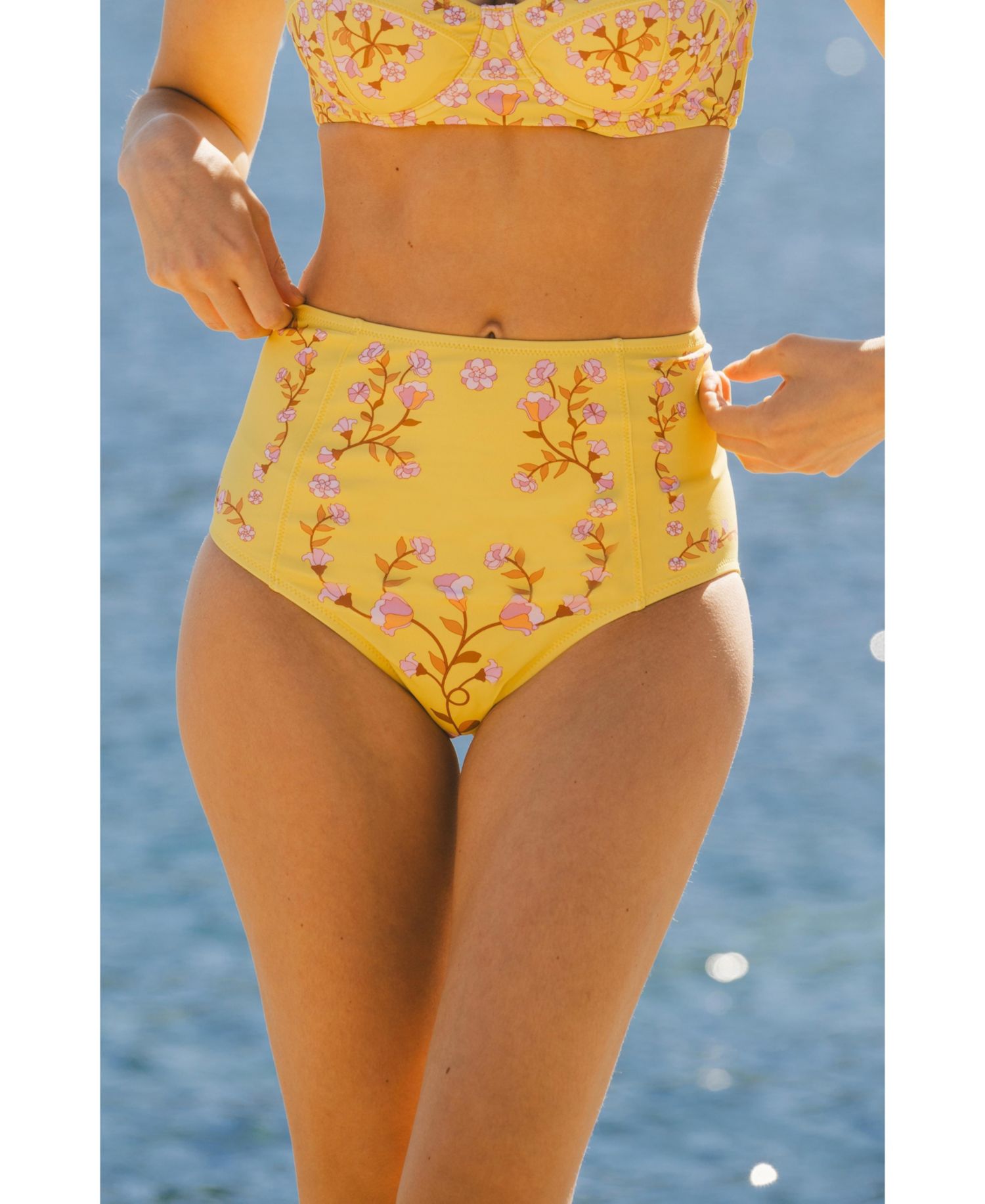 Women's Yellow Bloom High Waisted Bikini Bottom
